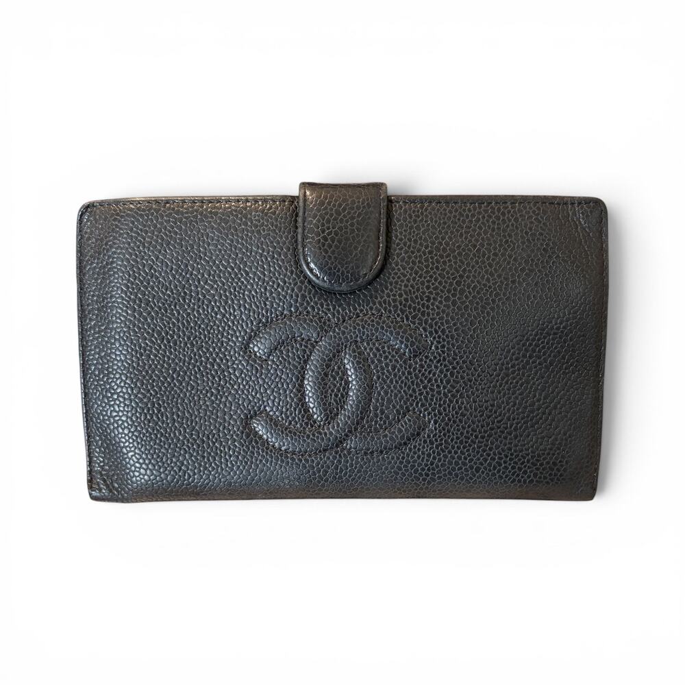 Chanel Black Caviar Leather Bifold Long Wallet Kisslock Coin Purse Gold CC